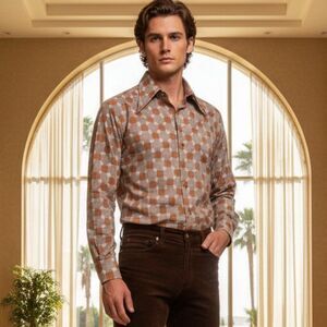 Vintage Kmart Men's Brown & Rust Geometric Long Sleeve Shirt Medium